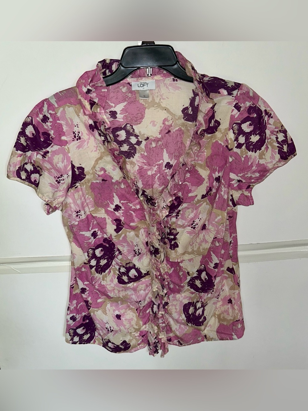 LOFT Pink and Purple Floral Ruffle V-Neck Blouse for women